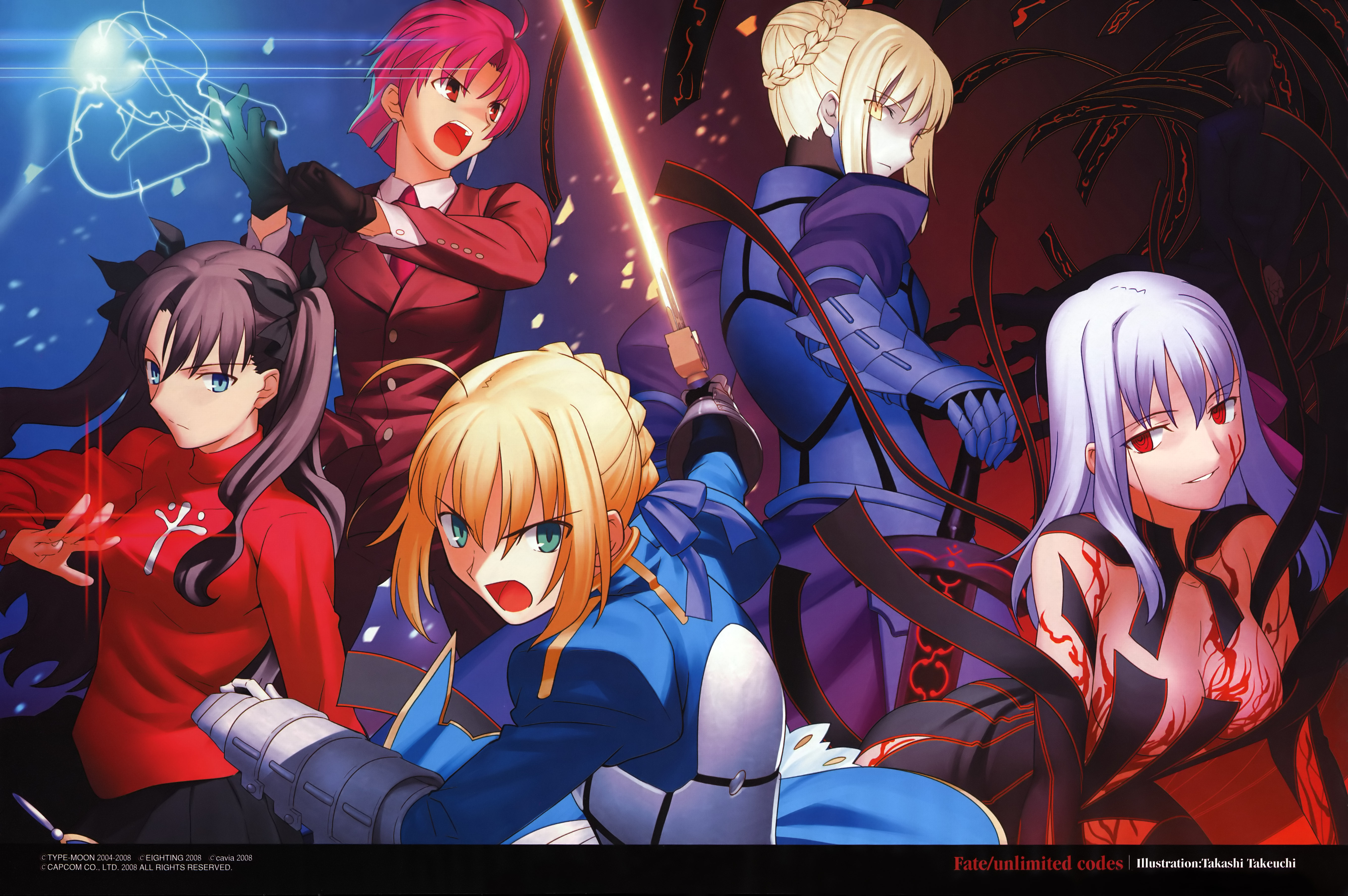 takeuchi takashi, angra mainyu (fate), artoria pendragon (fate), bazett fraga mcremitz, dark sakura, kotomine kirei, matou sakura, saber (fate), saber alter, saber alter (second ascension), tohsaka rin, fate/stay night, fate/unlimited codes, fate (series), absurdres, highres, official art, scan, 00s, 5girls, adjusting clothes, adjusting gloves, armor, blonde hair, blood, breasts, cleavage, corruption, dark persona, excalibur (fate/stay night), excalibur morgan (fate), fragarach (fate), gloves, glowing, glowing sword, glowing weapon, medium breasts, multiple girls, possessed, possession, sword, weapon