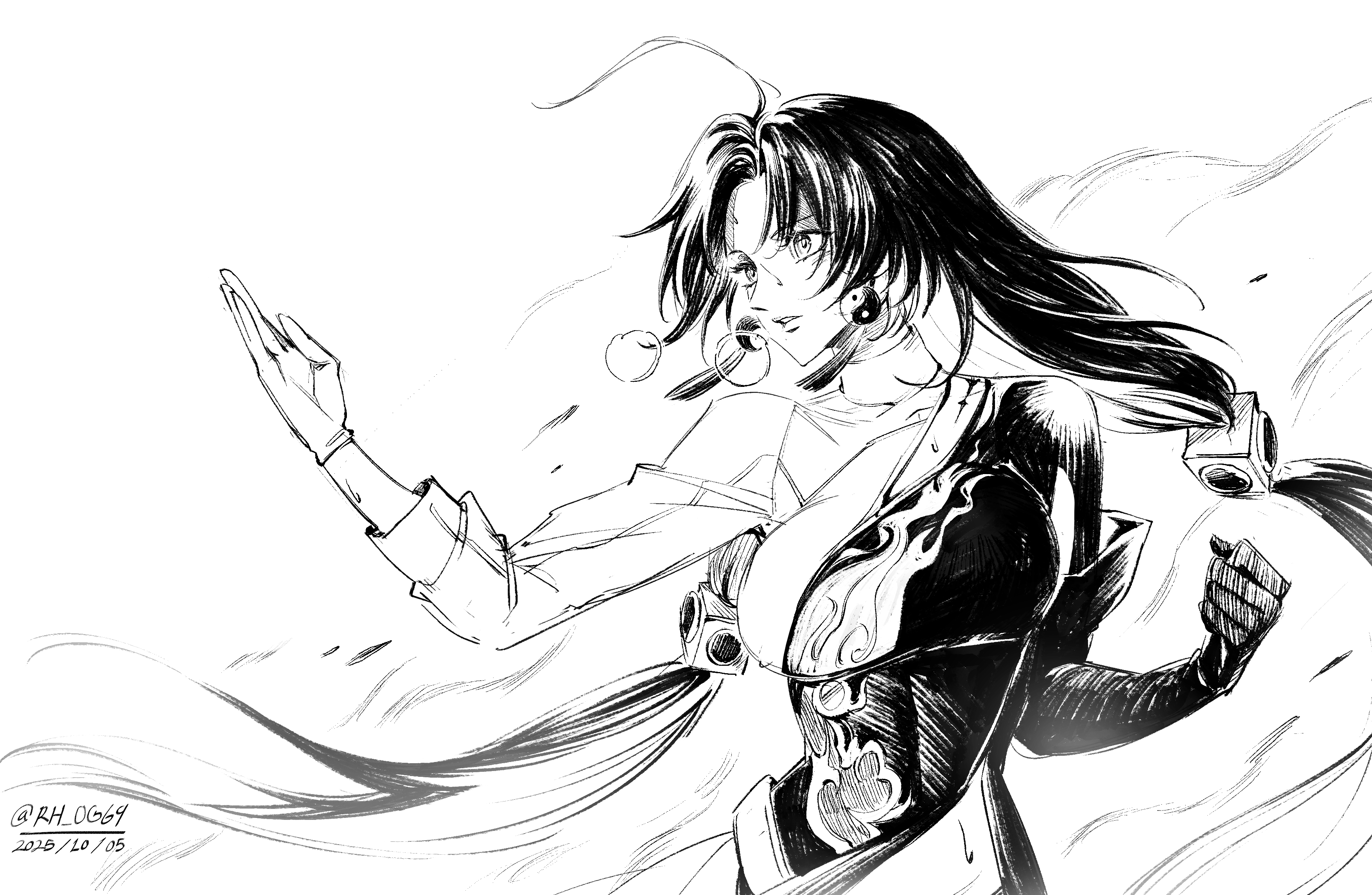 rh og69, jianxin (wuthering waves), wuthering waves, absurdres, commentary, english commentary, highres, ahoge, breasts, breath, dated, earrings, fighting stance, gloves, greyscale, hand up, huge ahoge, jewelry, large breasts, long hair, monochrome, parted lips, sweat, twitter username, two-tone shirt, upper body, yin yang, yin yang earrings