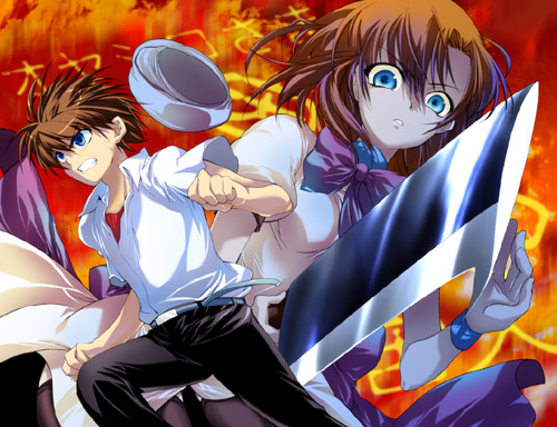 suzuragi karin, maebara keiichi, ryuuguu rena, higurashi no naku koro ni, lowres, non-web source, 00s, 1boy, 1girl, billhook, blue eyes, hashitsuki nata, hat, hatchet, nata (tool)