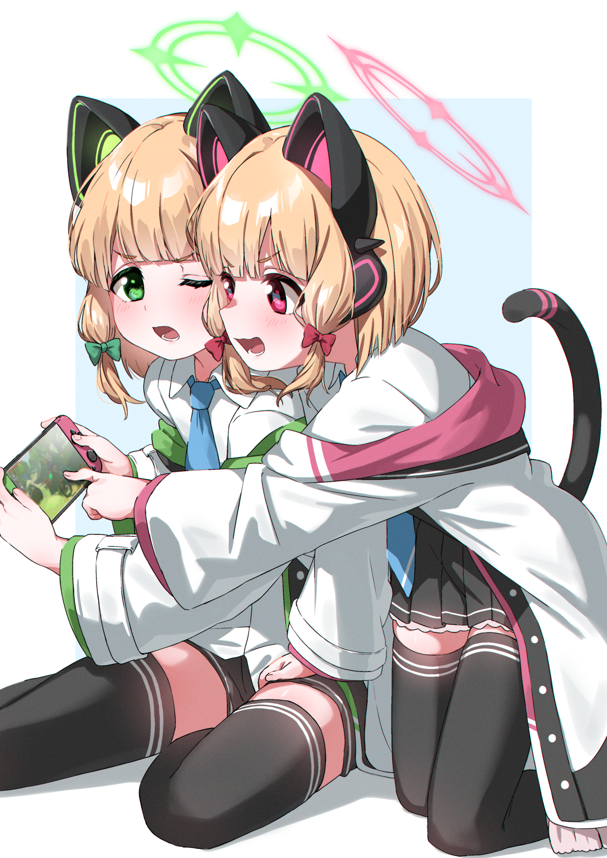 hatohane (tonnkotubird), midori (blue archive), momoi (blue archive), blue archive, commentary, highres, 2girls, :d, animal ear headphones, animal ears, black shorts, black skirt, black thighhighs, blonde hair, blue background, blue necktie, blunt bangs, blush, bow, cat ear headphones, cat ears, cat tail, collared shirt, colored eyelashes, eyelashes, fake animal ears, fake tail, feet out of frame, film grain, frown, green bow, green eyes, green halo, hair bow, halo, hand on another's thigh, handheld game console, headphones, holding, holding handheld game console, index finger raised, jacket, kneeling, leaning forward, long sleeves, looking at another, lower teeth only, medium hair, miniskirt, multiple girls, necktie, nintendo switch, one eye closed, open clothes, open jacket, open mouth, pink halo, pleated skirt, red bow, red eyes, school uniform, shirt, shorts, siblings, sidelocks, simple background, sisters, sitting, skirt, smile, straight hair, tail, tail raised, tareme, teeth, thighhighs, twins, two-tone background, v-shaped eyebrows, white background, white jacket, white shirt, wide sleeves, yokozuwari, zettai ryouiki
