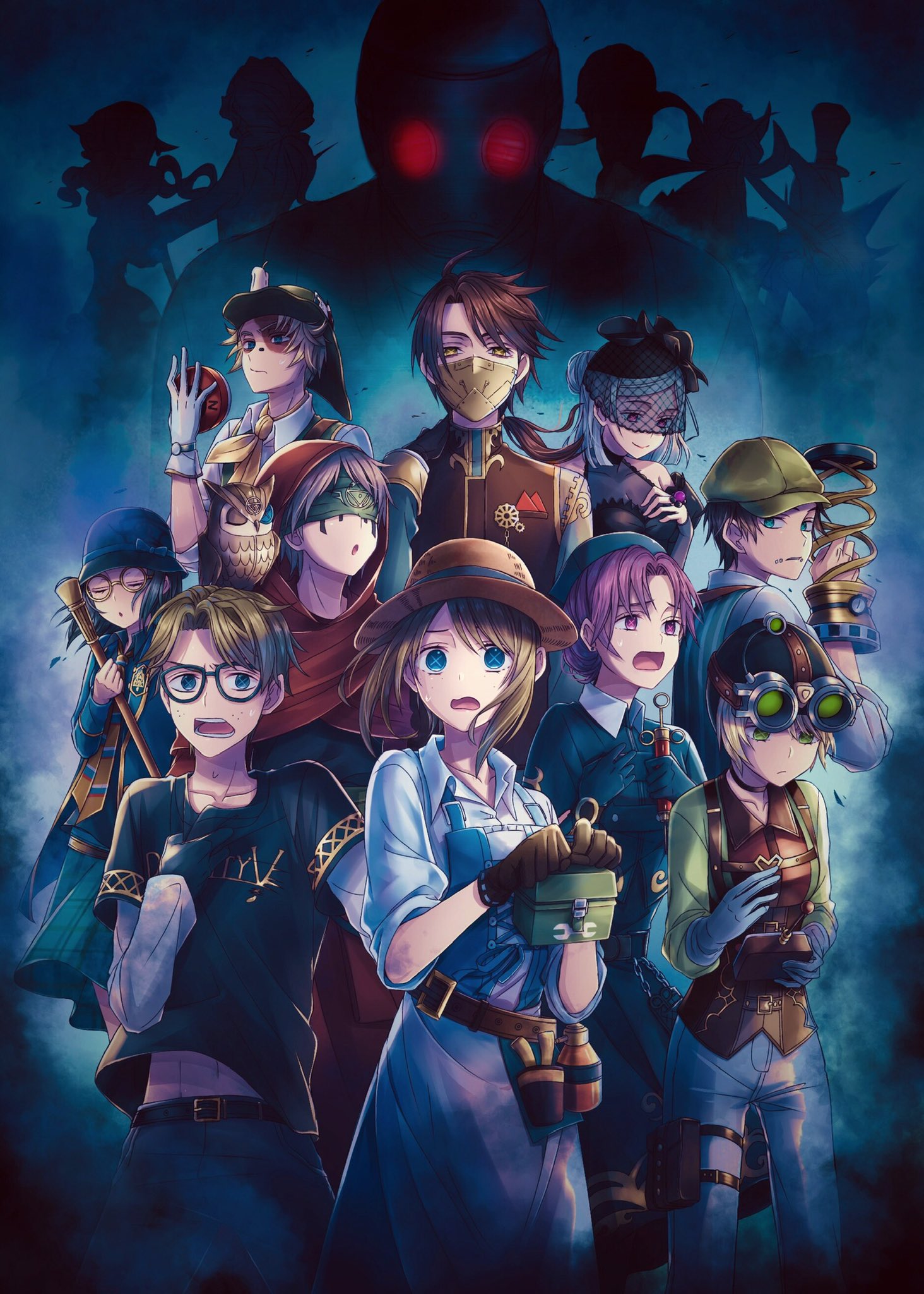 tennensui (midorinokaibutu4500), aesop carl, eli clark, emily dyer, emma woods, helena adams, jack (identity v), joseph desaulniers, leo beck, lucky guy, michiko (identity v), naib subedar, norton campbell, tracy reznik, vera nair, vera nair (fatal affection), identity v, highres, :o, ascot, bird, black gloves, black hair, black shirt, black veil, blindfold, blonde hair, blue eyes, blue gloves, blue hat, brown gloves, brown hair, cane, cloak, closed eyes, facial mark, floating hair, freckles, glasses, gloves, glowing, glowing eyes, green hat, grey hair, hair intakes, hat, holding, holding cane, hood, hood up, hooded cloak, looking ahead, looking at viewer, looking down, low ponytail, mask, medium hair, mouth mask, naib subedar (spring hands), owl, pink eyes, pink lips, ponytail, red eyes, scar, scar on face, see-through clothes, see-through veil, shirt, short hair, smile, straw hat, thigh strap, toolbox, veil, white gloves, white shirt, yellow ascot, yellow eyes, yidhra (identity v)