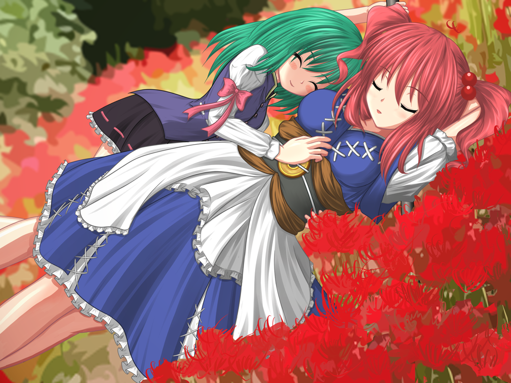 mi (no hito), mi (pixiv18234), onozuka komachi, shiki eiki, touhou, 2girls, alternate hairstyle, female focus, flower, green hair, multiple girls, no headwear, red flower, red hair, sleeping, spider lily