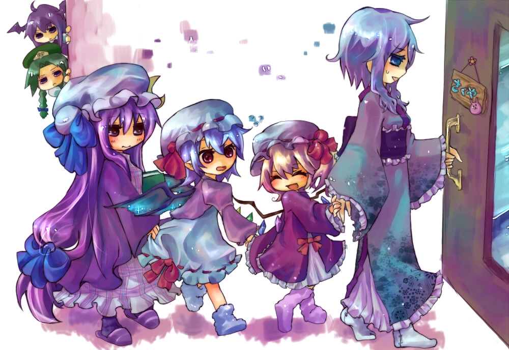 kedama milk, flandre scarlet, hong meiling, izayoi sakuya, koakuma, patchouli knowledge, remilia scarlet, embodiment of scarlet devil, touhou, silver hair, bad id, bad pixiv id, 6+girls, bat wings, blonde hair, blue eyes, blue hair, blush, book, dress, female focus, hat, japanese clothes, kimono, long hair, multiple girls, purple eyes, purple hair, red eyes, ribbon, short hair, white background, wings