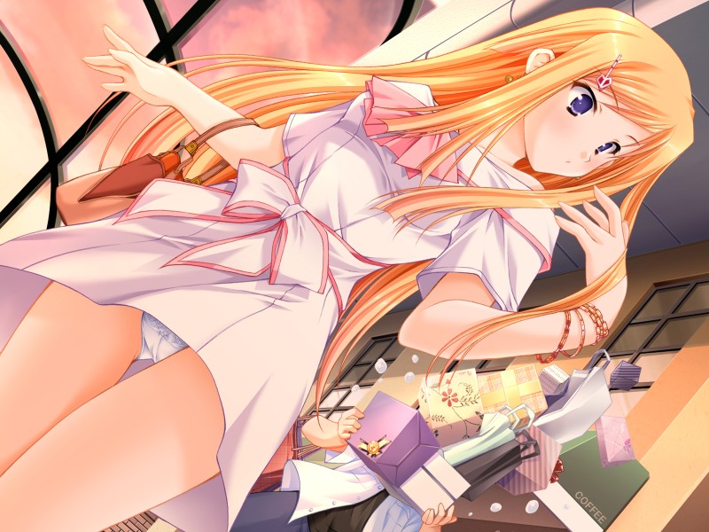 moekibara fumitake, tita flawless brandt, nursery rhyme, character request, game cg, source request, 1girl, blonde hair, blue eyes, bracelet, dutch angle, gift, hair ornament, hairclip, holding, holding gift, jewelry, long hair, panties, pantyshot, shopping, solo focus, underwear, white panties