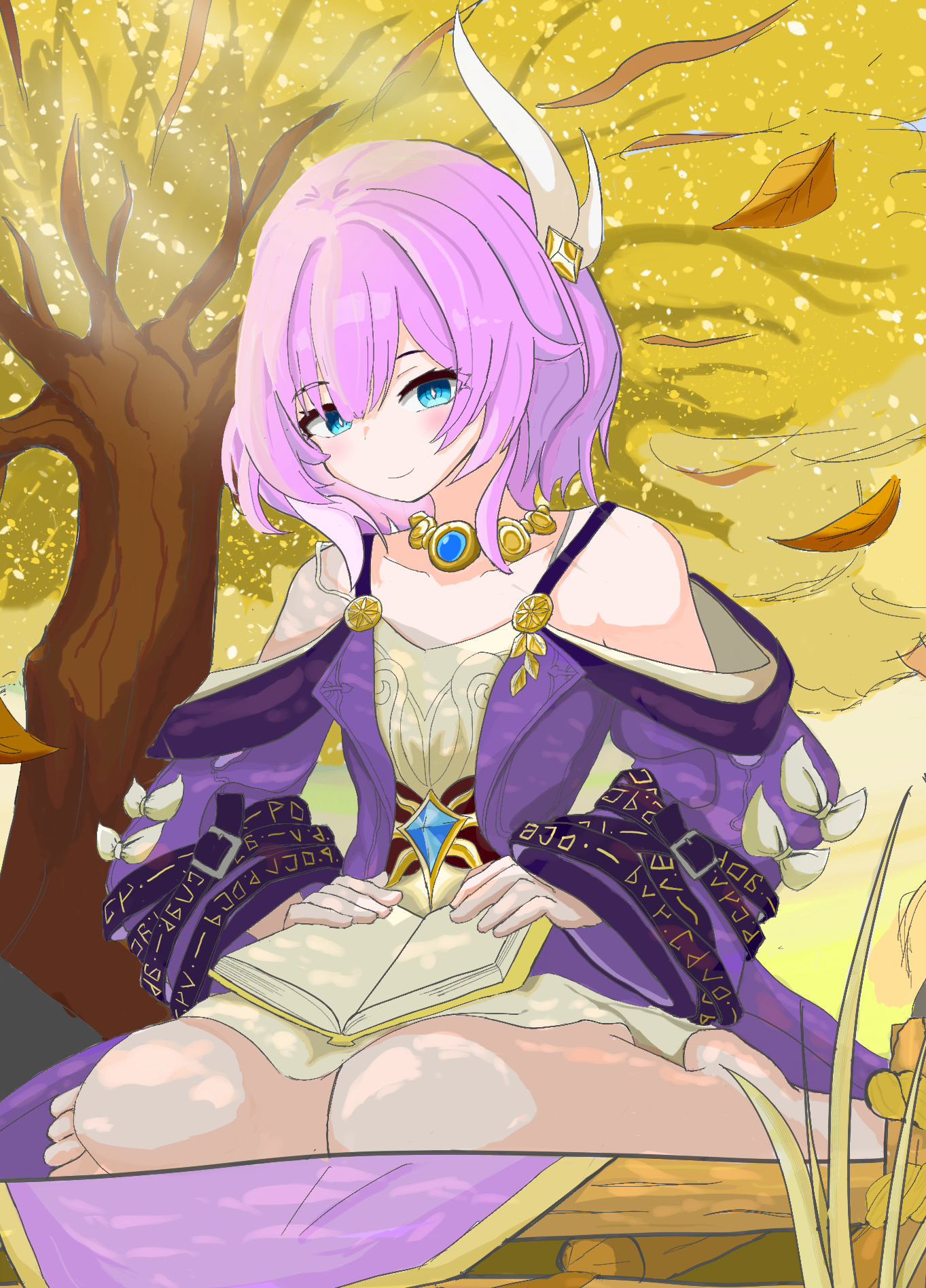 cyrene (honkai: star rail), honkai: star rail, honkai (series), commentary request, highres, 1girl, bare shoulders, blue eyes, book, breasts, coat, cyrene (aedes elysiae) (honkai: star rail), dress, hair ornament, holding, holding book, jewelry, multicolored hair, necklace, nzio, open book, outdoors, pink hair, purple coat, short hair, sitting, small breasts, smile, solo, tree, two-tone hair, wariza, white dress, white hair