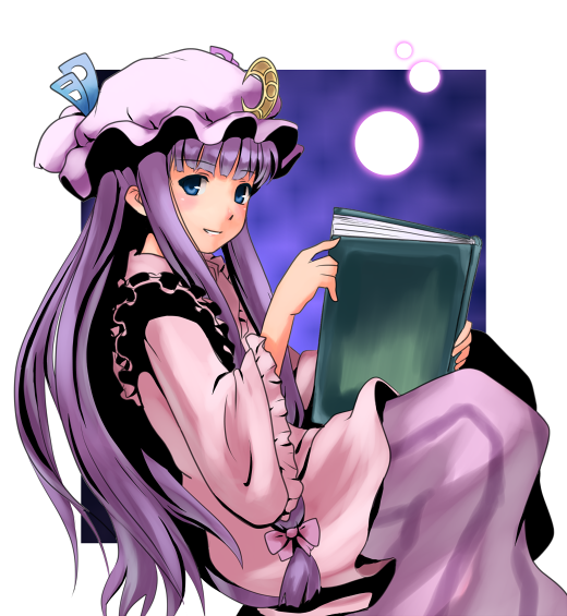 namine0079, patchouli knowledge, touhou, striped, 1girl, blue eyes, book, crescent, crescent hat ornament, female focus, full moon, hat, hat ornament, long hair, moon, purple hair, ribbon, sitting, smile, solo, vertical stripes