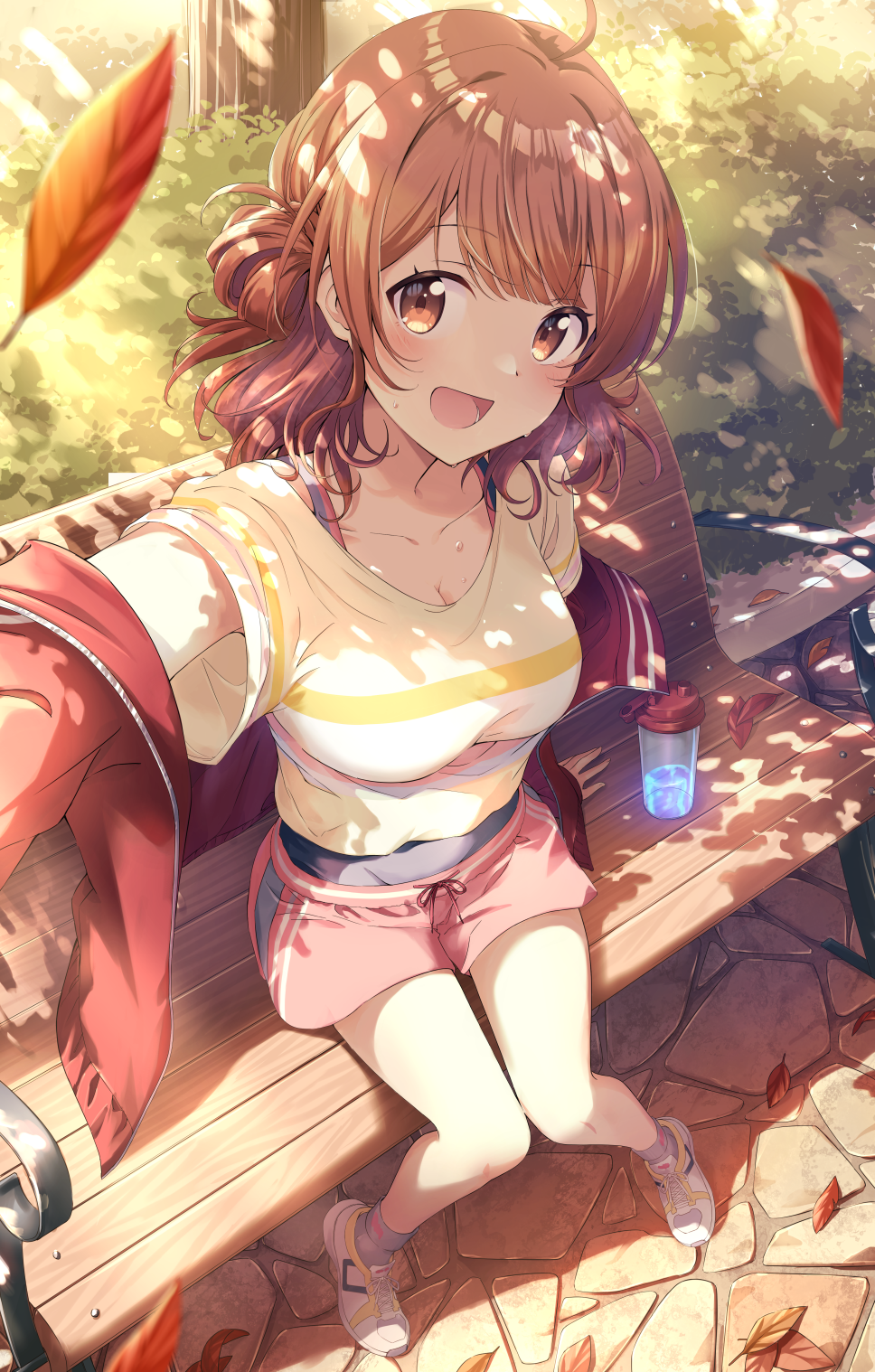 murasaki himuro, hanami ume, gakuen idolmaster, idolmaster, commentary request, highres, 1girl, :d, autumn, bench, blush, breasts, brown eyes, brown hair, cleavage, collarbone, cup, jacket, leaf, looking at viewer, maple leaf, medium breasts, medium hair, on bench, open mouth, outdoors, red jacket, red shorts, selfie, shirt, shorts, sitting, smile, solo, striped clothes, striped shirt, sweat, white shirt