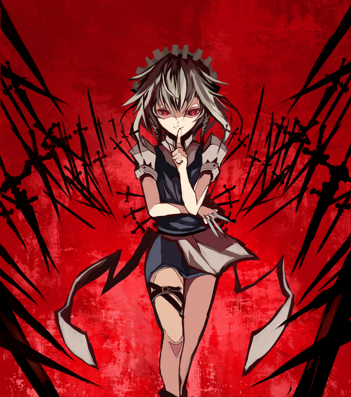 makai no juumin, izayoi sakuya, embodiment of scarlet devil, touhou, silver hair, bad id, bad pixiv id, highres, 1girl, belt, between fingers, blonde hair, colored eyelashes, danmaku, eyelashes, female focus, finger to mouth, hairband, holding, knife, maid, red background, red eyes, red theme, short hair, shushing, smirk, solo, thigh strap, throwing knife, weapon