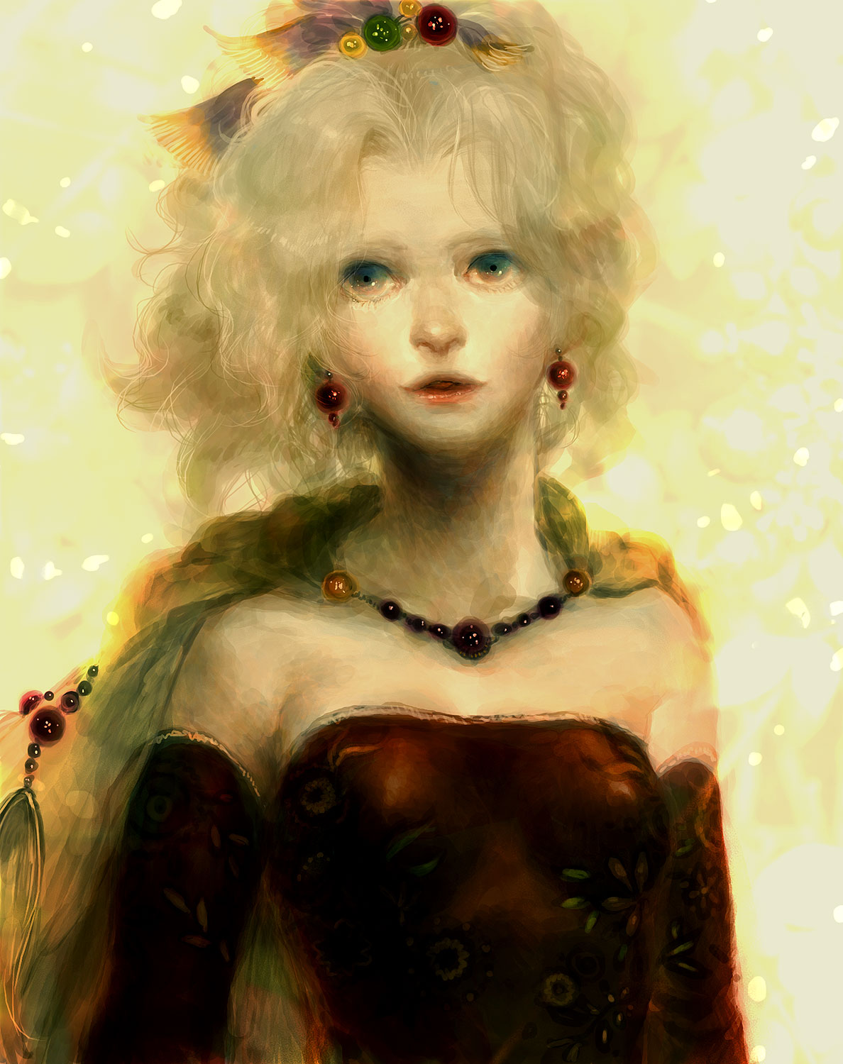 lucy (artist), ruushii, tina branford, final fantasy, final fantasy vi, bad id, bad pixiv id, highres, 1990s (style), 1girl, aqua eyes, cape, detached sleeves, earrings, female focus, green hair, jewelry, necklace, open mouth, painterly, ponytail, solo