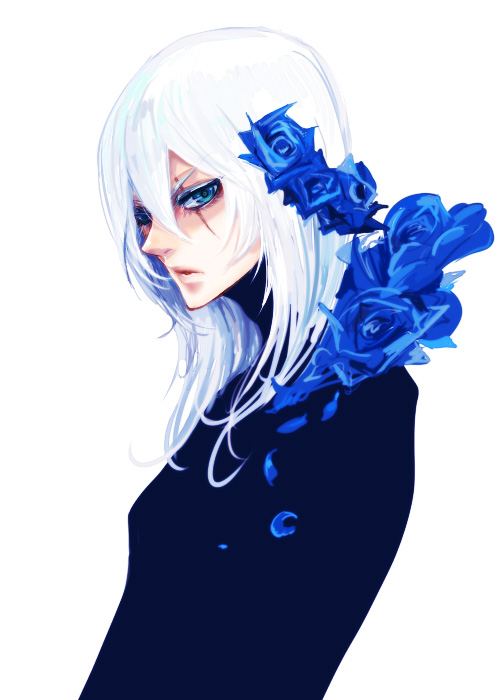 zuwai kani, dio, casshern (series), casshern sins, bad id, bad pixiv id, 00s, 1boy, blue eyes, blue flower, blue rose, flower, male focus, plant, rose, scar, scar across eye, scar on face, solo, upper body, white background, white hair