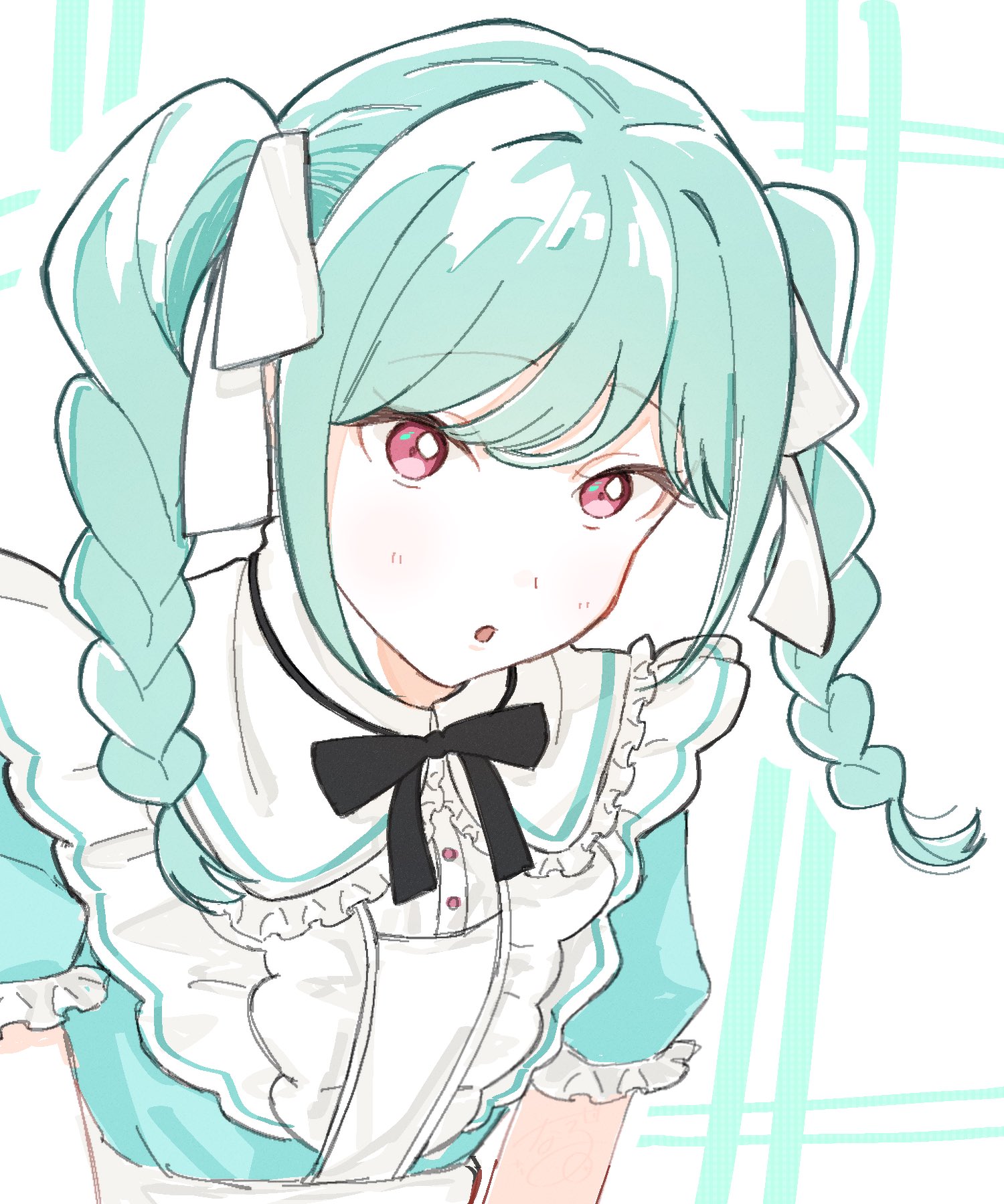 onitsuka tomari, love live!, love live! superstar!!, commentary request, highres, 1girl, :o, aqua hair, black ribbon, braid, collared shirt, frilled shirt collar, frills, hair intakes, leaning forward, liella! solo outfit design vote, looking at viewer, medium hair, naru (ippan people1), neck ribbon, parted lips, pink eyes, puffy short sleeves, puffy sleeves, ribbon, shirt, short sleeves, sidelocks, simple background, solo, twin braids, white background, wild card (love live!)