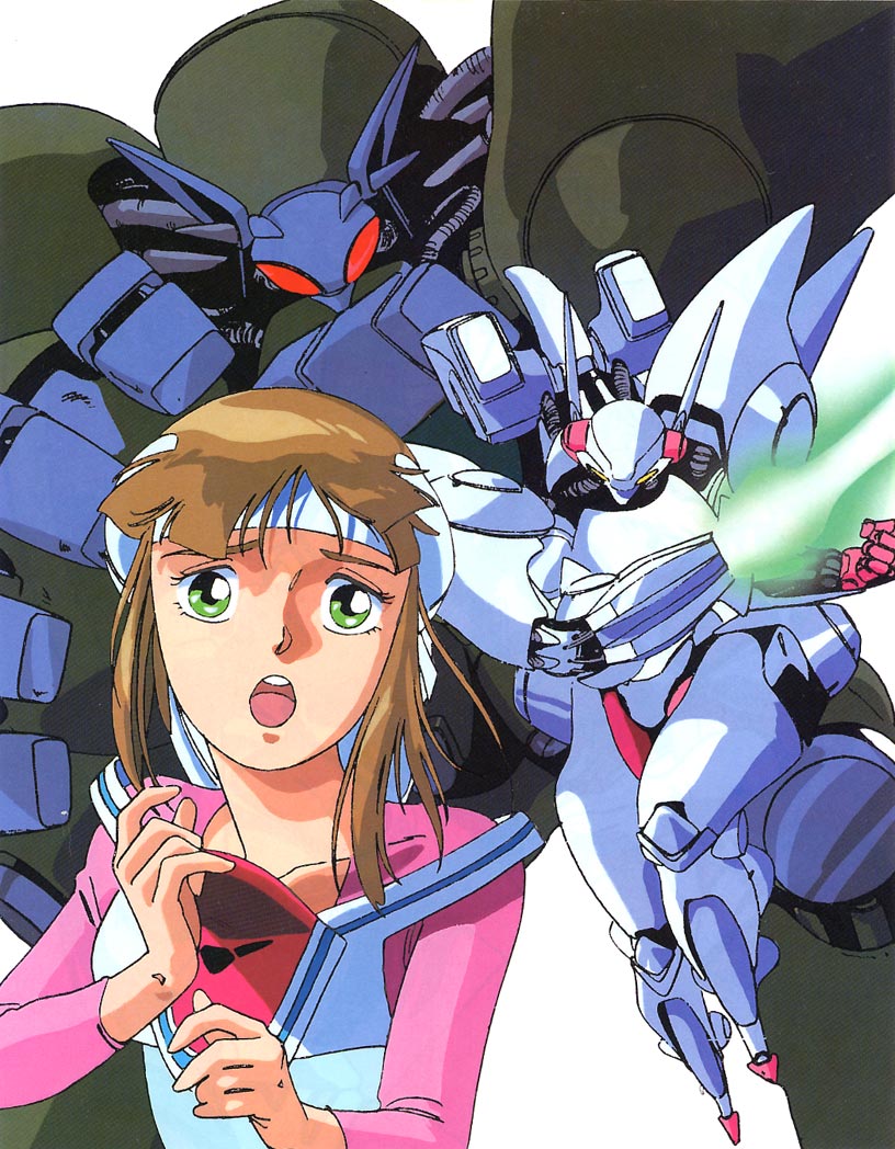 alcia grace, relic armor legaciam, 1980s (style), tagme, brown hair, mecha, oldschool, orange hair, retro artstyle, robot