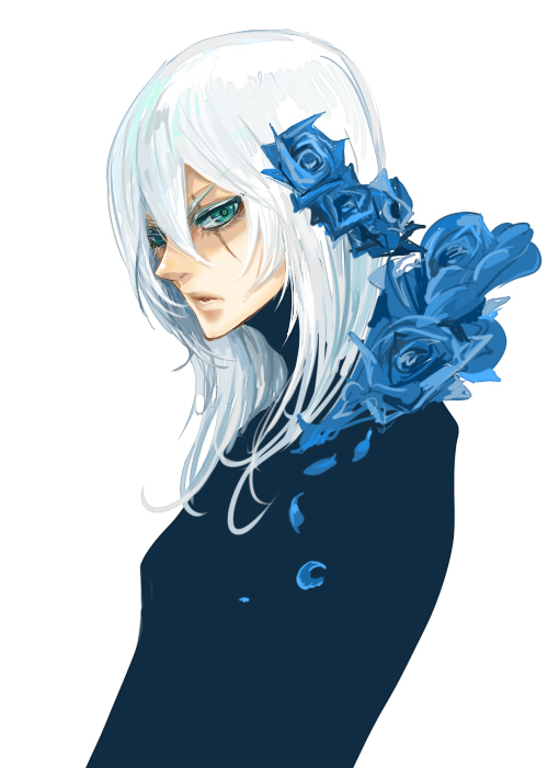 zuwai kani, dio, casshern (series), casshern sins, bad id, bad pixiv id, 00s, 1boy, blue flower, blue rose, flower, green eyes, male focus, plant, rose, scar, scar across eye, scar on face, solo, upper body, white background, white hair