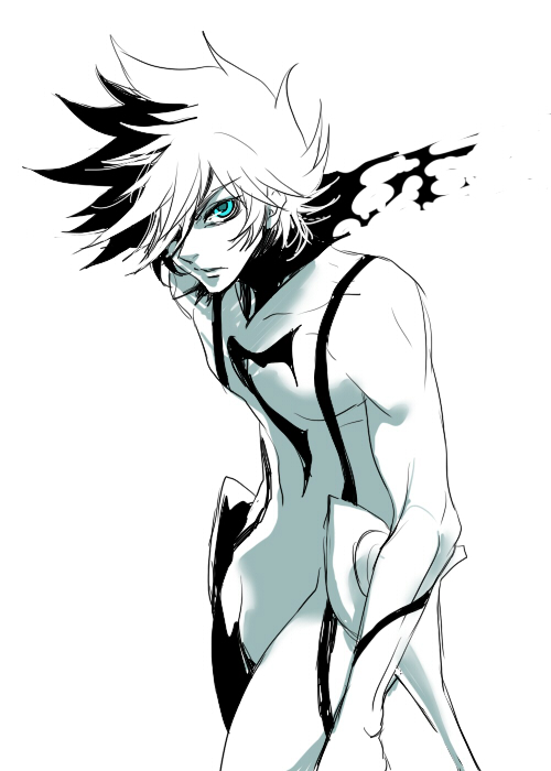 zuwai kani, casshern, casshern (series), casshern sins, bad id, bad pixiv id, 00s, 1boy, blue eyes, male focus, monochrome, skin tight, solo, spiked hair, spot color