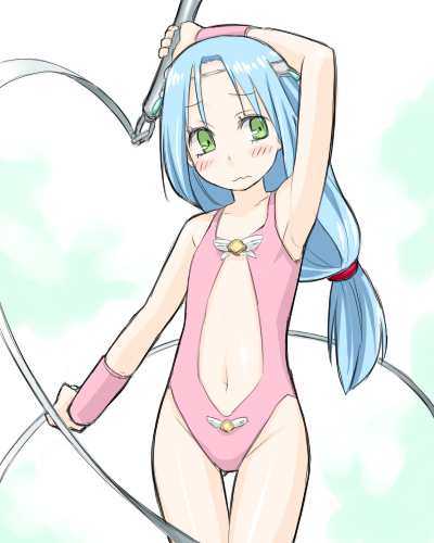 fosse (dq7), dragon quest, dragon quest vii, copyright request, lowres, non-web source, blue hair, flat chest, green eyes, leotard, long hair, pink leotard (dq), solo, whip
