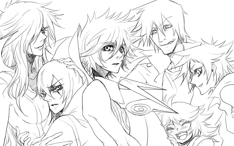 zuwai kani, akoes, casshern, dio, leda (casshern sins), ringo (casshern sins), sophita, casshern (series), casshern sins, bad id, bad pixiv id, 00s, 3boys, 3girls, everyone, greyscale, hug, monochrome, multiple boys, multiple girls, spiked hair