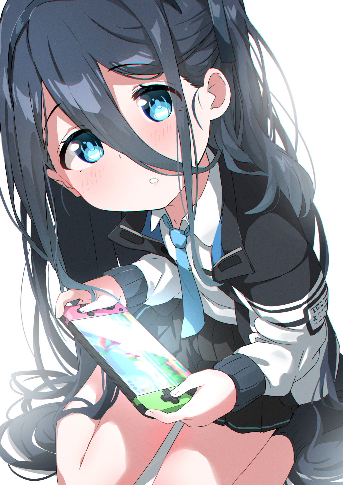 hatohane (tonnkotubird), aris (blue archive), blue archive, commentary, highres, 1girl, black hair, black skirt, black socks, blue eyes, blue necktie, blue pupils, blush, collared shirt, double-parted bangs, eyes visible through hair, film grain, hair between eyes, handheld game console, holding, holding handheld game console, jacket, knees out of frame, long hair, long hair between eyes, long sleeves, looking at viewer, miniskirt, necktie, nintendo switch, no shoes, one side up, open clothes, open jacket, parted lips, pleated skirt, ringed eyes, school uniform, shirt, simple background, sitting, skirt, socks, solo, tareme, very long hair, wariza, white background, white jacket, white shirt