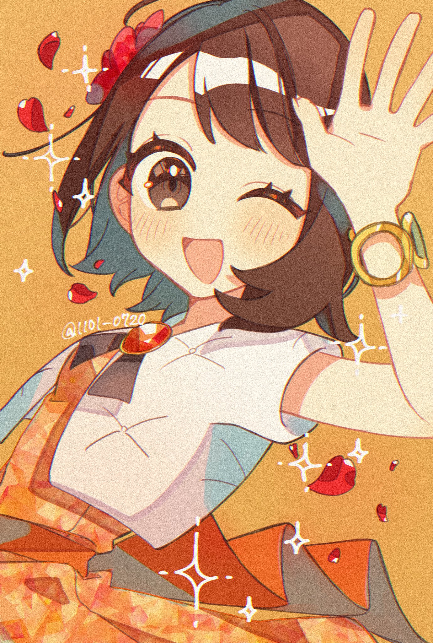 sumeragi1101, gloria (anniversary 2025) (pokemon), gloria (pokemon), nintendo, pokemon, pokemon masters ex, highres, 1girl, blush, bracelet, breasts, brown eyes, brown hair, dress, flower, hair ornament, hairband, jacket, jewelry, looking at viewer, official alternate costume, one eye closed, open mouth, orange dress, petals, short hair, short sleeves, smile, star (symbol), upper body, white hairband, white jacket