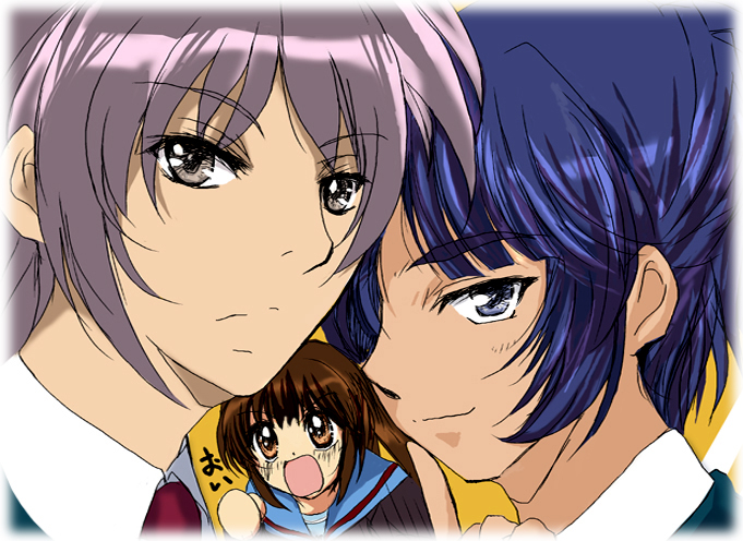 kiritaku, asakura ryo, kyonko, nagato yuuki, suzumiya haruhi no yuuutsu, silver hair, 00s, 1girl, 2boys, blue eyes, blue hair, brown eyes, brown hair, genderswap, genderswap (ftm), genderswap (mtf), multiple boys, ponytail, short hair