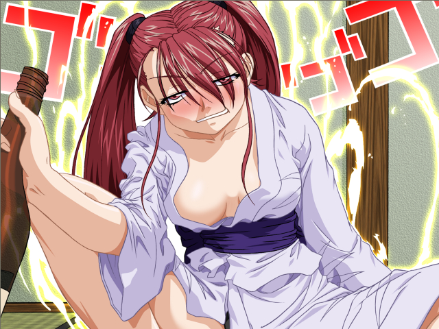 sakura kikou, non-web source, 1girl, alcohol, bottle, drunk, female focus, japanese clothes, kimono, long hair, red eyes, red hair, sake, solo, spread legs, twintails, yukata