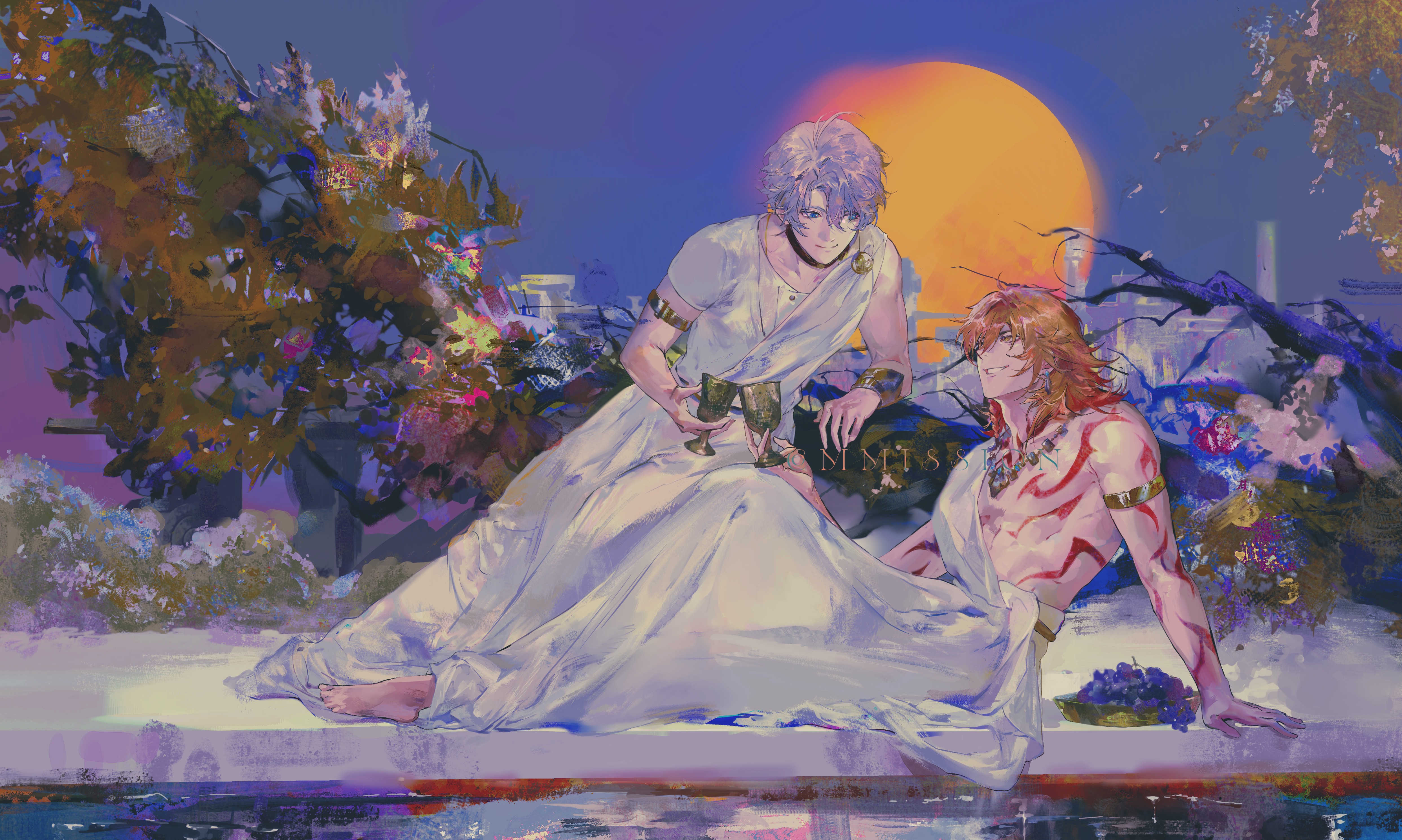 mydei (honkai: star rail), phainon (honkai: star rail), honkai: star rail, honkai (series), absurdres, chinese commentary, commentary request, commission, highres, 2boys, antenna hair, arm tattoo, armlet, bangpingguo, black choker, blonde hair, blue eyes, braid, chest tattoo, choker, cup, food, fruit, gradient hair, grapes, holding, holding cup, jewelry, male focus, medium hair, multicolored hair, multiple boys, parted bangs, red hair, red tattoo, robe, short hair, side braid, sitting, tattoo, toned, toned male, white hair, white robe, yellow eyes