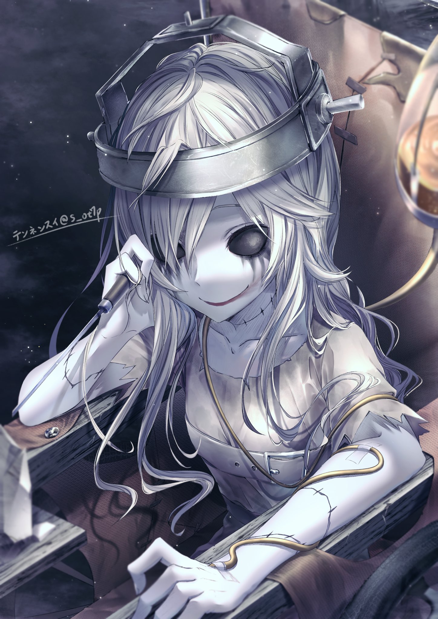 tennensui (midorinokaibutu4500), galatea (identity v), identity v, highres, 1girl, black sclera, collarbone, colored sclera, colored skin, hair over one eye, holding, holding weapon, intravenous drip, lipstick, long hair, makeup, red lips, runny makeup, smeared lipstick, smile, solid eyes, stitched arm, stitched neck, stitches, torn clothes, twitter username, weapon, wheelchair, white hair, white skin