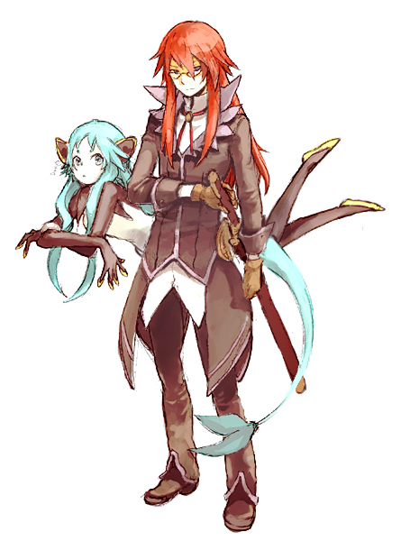 aqua (tales), aqua (tales of symphonia), richter abend, tales of (series), tales of symphonia, tales of symphonia: dawn of the new world, 00s, 1boy, 1girl, blue eyes, blue hair, brown eyes, glasses, gloves, long hair, pale skin, red hair, sword, weapon