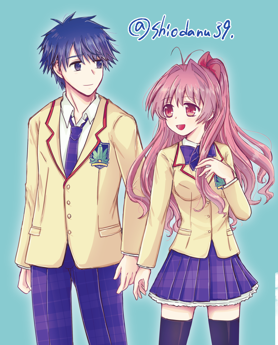 shiodanuki nofuku, nishijou takumi, sakihata rimi, chaos;head, science adventure, 1boy, 1girl, blazer, blue hair, blush, couple, jacket, long hair, long sleeves, necktie, open mouth, pants, pink hair, plaid clothes, plaid pants, plaid skirt, pleated skirt, purple pants, school uniform, short hair, skirt, smile, suimei academy school uniform, thighhighs, zettai ryouiki