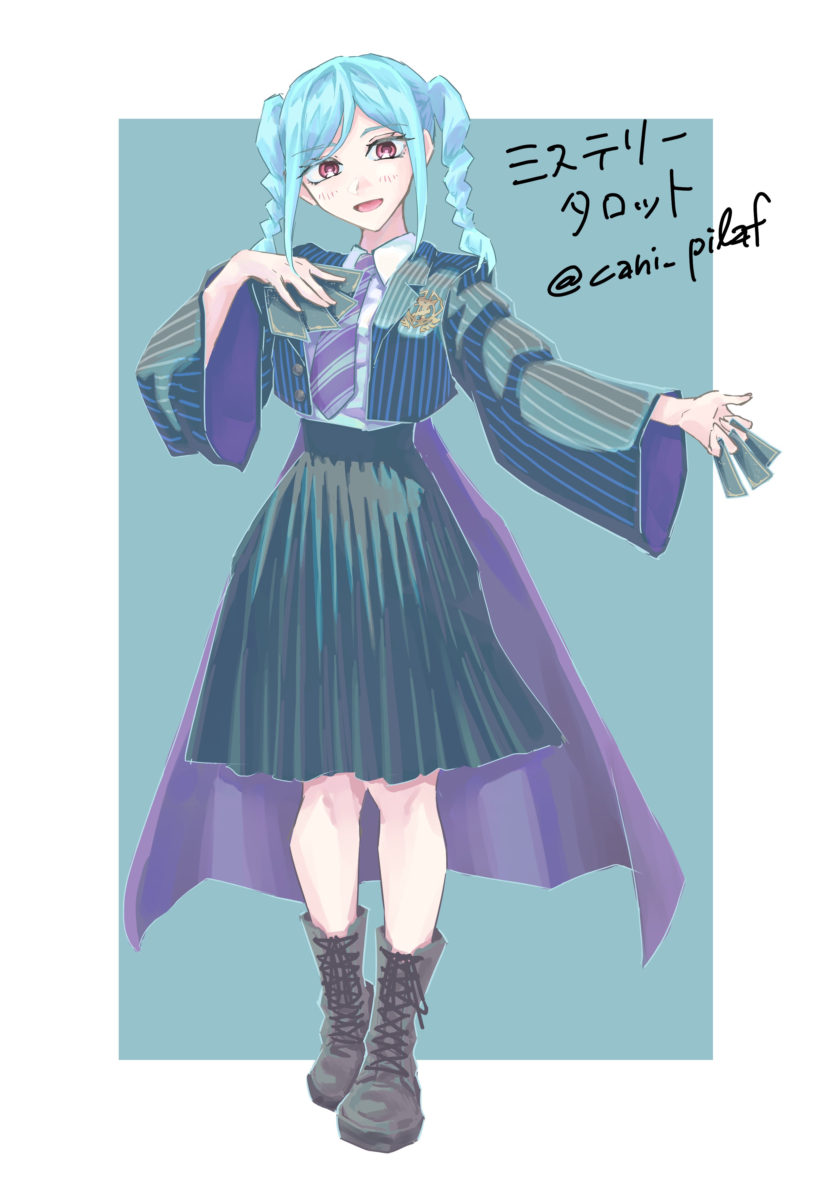 cani pilaf, onitsuka tomari, love live!, love live! superstar!!, absurdres, commentary request, highres, 1girl, :d, aqua background, black boots, blue hair, boots, border, braid, card, collared shirt, diagonal-striped clothes, diagonal-striped necktie, dress shirt, full body, holding, holding card, jacket, lace-up boots, liella! solo outfit design vote, long sleeves, looking at viewer, medium skirt, necktie, open clothes, open jacket, open mouth, outside border, pink eyes, pinstripe jacket, pinstripe pattern, pleated skirt, purple necktie, shirt, sidelocks, simple background, skirt, smile, solo, striped clothes, twin braids, white border, white shirt, wild card (love live!)