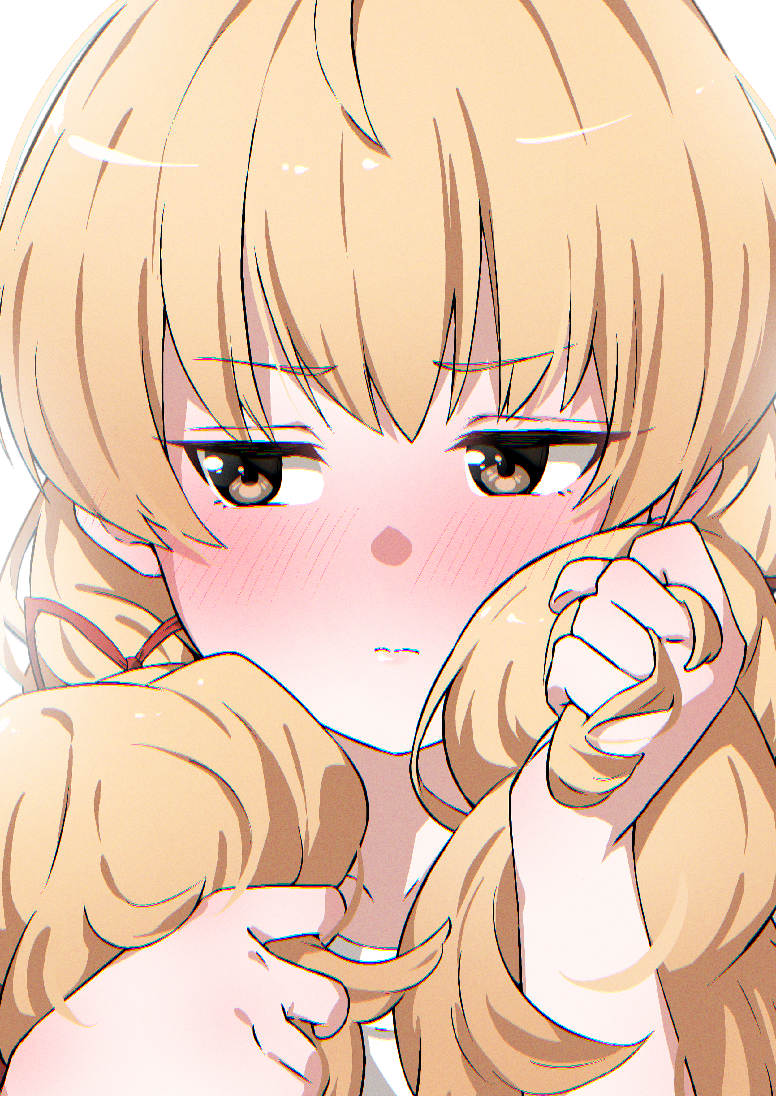 hatohane (tonnkotubird), yoshimi (band) (blue archive), yoshimi (blue archive), blue archive, fluffy hair, absurdres, commentary, highres, 1girl, averting eyes, blonde hair, blush, brown eyes, closed mouth, ear blush, fidgeting, hair ribbon, hands up, holding, holding own hair, long hair, looking to the side, low twintails, official alternate hairstyle, portrait, red ribbon, ribbon, shirt, shy, simple background, solo, split mouth, tsurime, twintails, v-shaped eyebrows, white background, white shirt
