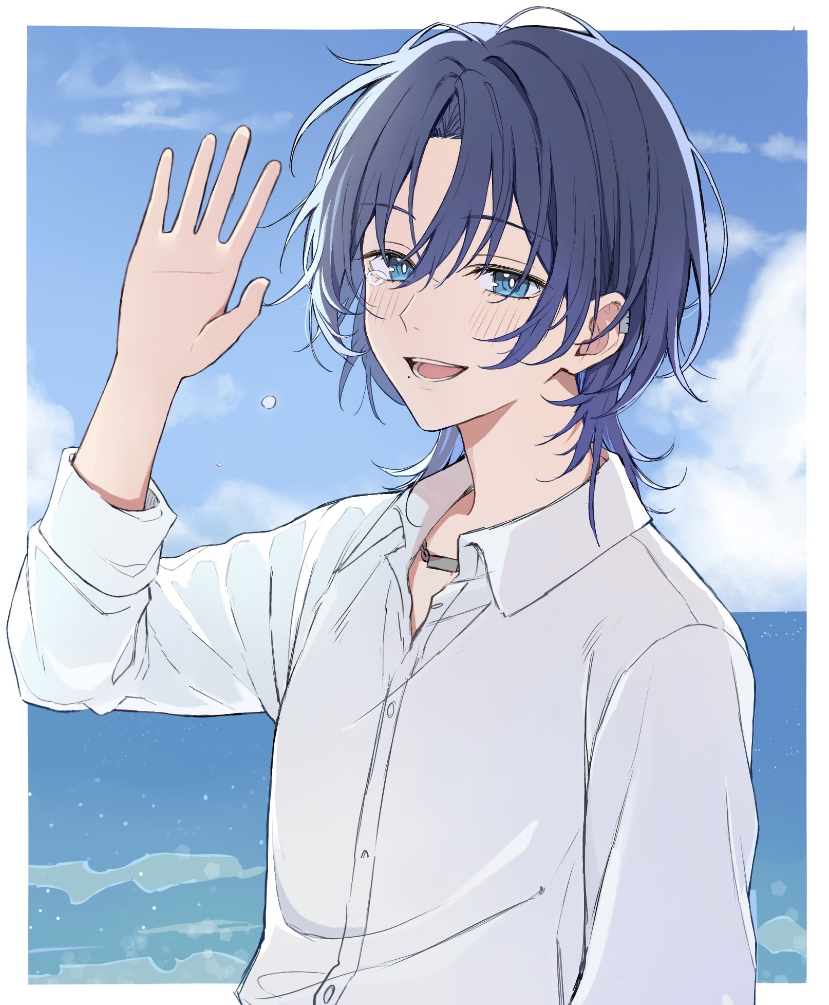 mochi jiro, hiodoshi ao, hololive, hololive dev is, commentary request, highres, 1girl, blue eyes, blue hair, border, dress shirt, jewelry, looking at viewer, medium hair, mole, mole under mouth, necklace, open mouth, outside border, shirt, solo, teeth, three-quarter sleeves, virtual graduation commemoration, virtual youtuber, waving, white border