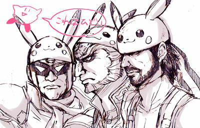 captain falcon, ganondorf, kirby, pikachu, solid snake, f-zero, kirby (series), metal gear (series), metal gear solid, nintendo, pokemon, super smash bros., the legend of zelda, lowres, 3boys, cosplay, crossover, facial hair, gen 1 pokemon, hat, male focus, monochrome, multiple boys, multiple crossover, pikachu (cosplay), purple theme, scarf, speech bubble