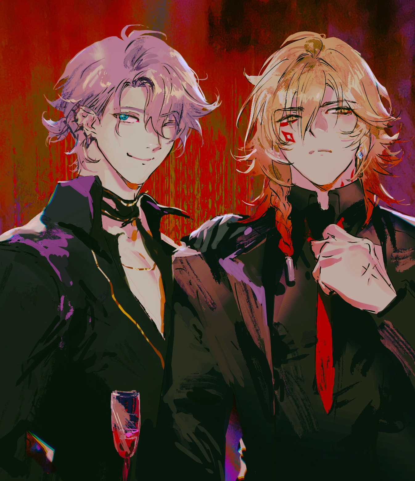 mydei (honkai: star rail), phainon (fashion) (honkai: star rail), phainon (honkai: star rail), honkai: star rail, honkai (series), highres, 2boys, adjusting clothes, adjusting necktie, antenna hair, bangpingguo, black choker, black shirt, blonde hair, blue eyes, braid, choker, collared shirt, earrings, facial tattoo, gold earrings, gradient hair, jewelry, male focus, medium hair, multicolored hair, multiple boys, neck tattoo, necktie, official alternate costume, one eye closed, parted bangs, pectoral cleavage, pectorals, red hair, red necktie, red tattoo, shirt, short hair, side braid, tattoo, white hair, yellow eyes