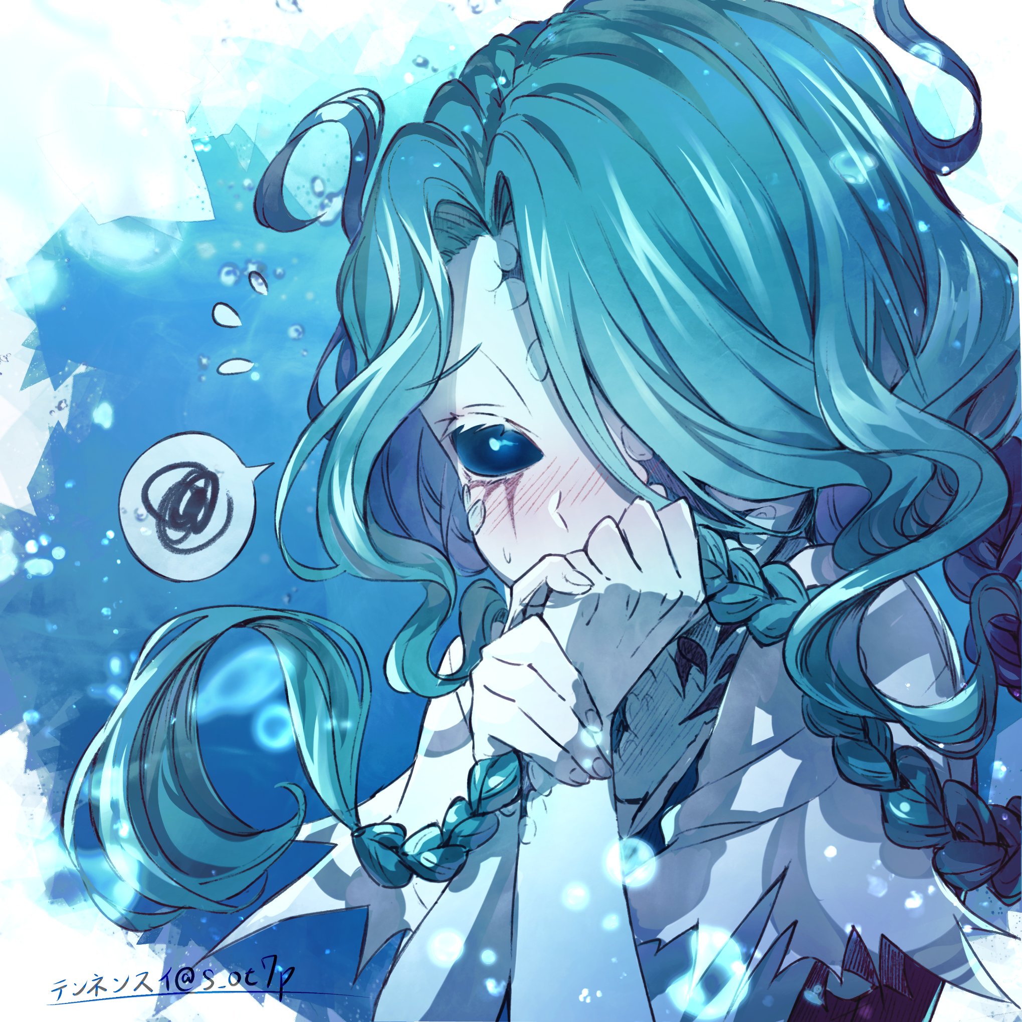 tennensui (midorinokaibutu4500), grace (identity v), identity v, highres, 1girl, black sclera, blue hair, blue skin, blush, braid, colored eyelashes, colored sclera, colored skin, covering own mouth, floating hair, hair over one eye, long hair, scales, single braid, solid eyes, torn clothes, twitter username, wavy hair, white eyelashes