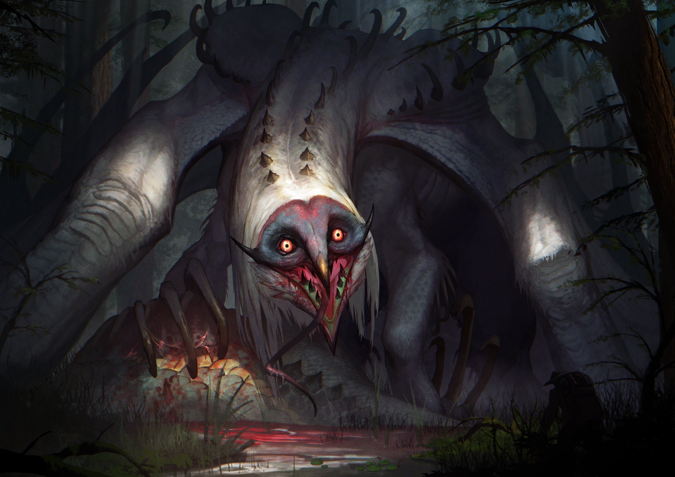 yaziri, original, highres, 1other, animal focus, backpack, bag, black teeth, blood, colored teeth, dragon, eating, fangs, forest, long tongue, monster, nature, open mouth, outdoors, pool of blood, predation, sharp teeth, teeth, tongue, wings