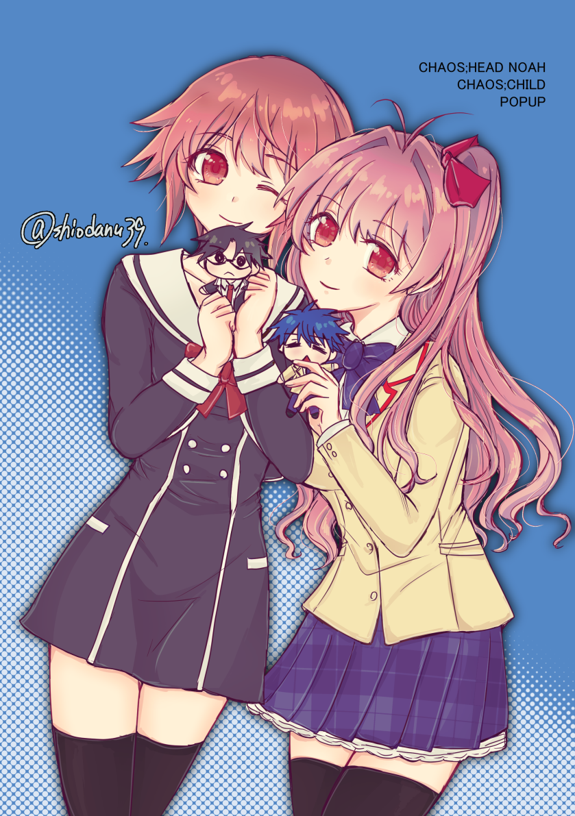 shiodanuki nofuku, miyashiro takuru, nishijou takumi, onoe serika, sakihata rimi, chaos;child, chaos;head, science adventure, 2boys, 2girls, black thighhighs, blazer, blue background, blush, bow, chibi, chibi inset, hair ornament, hair ribbon, hekiho academy school uniform, holding, jacket, long hair, long sleeves, looking at viewer, miniskirt, multiple boys, multiple girls, one eye closed, open mouth, petticoat, pink eyes, pink hair, pleated skirt, ribbon, school uniform, short hair, skirt, smile, suimei academy school uniform, thighhighs, zettai ryouiki