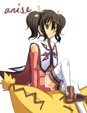 anise tatlin, tokunaga (tales), tales of (series), tales of the abyss, lowres, 00s, 1girl, black hair, brown eyes, character name, female focus, ribbon, smile, solo, twintails