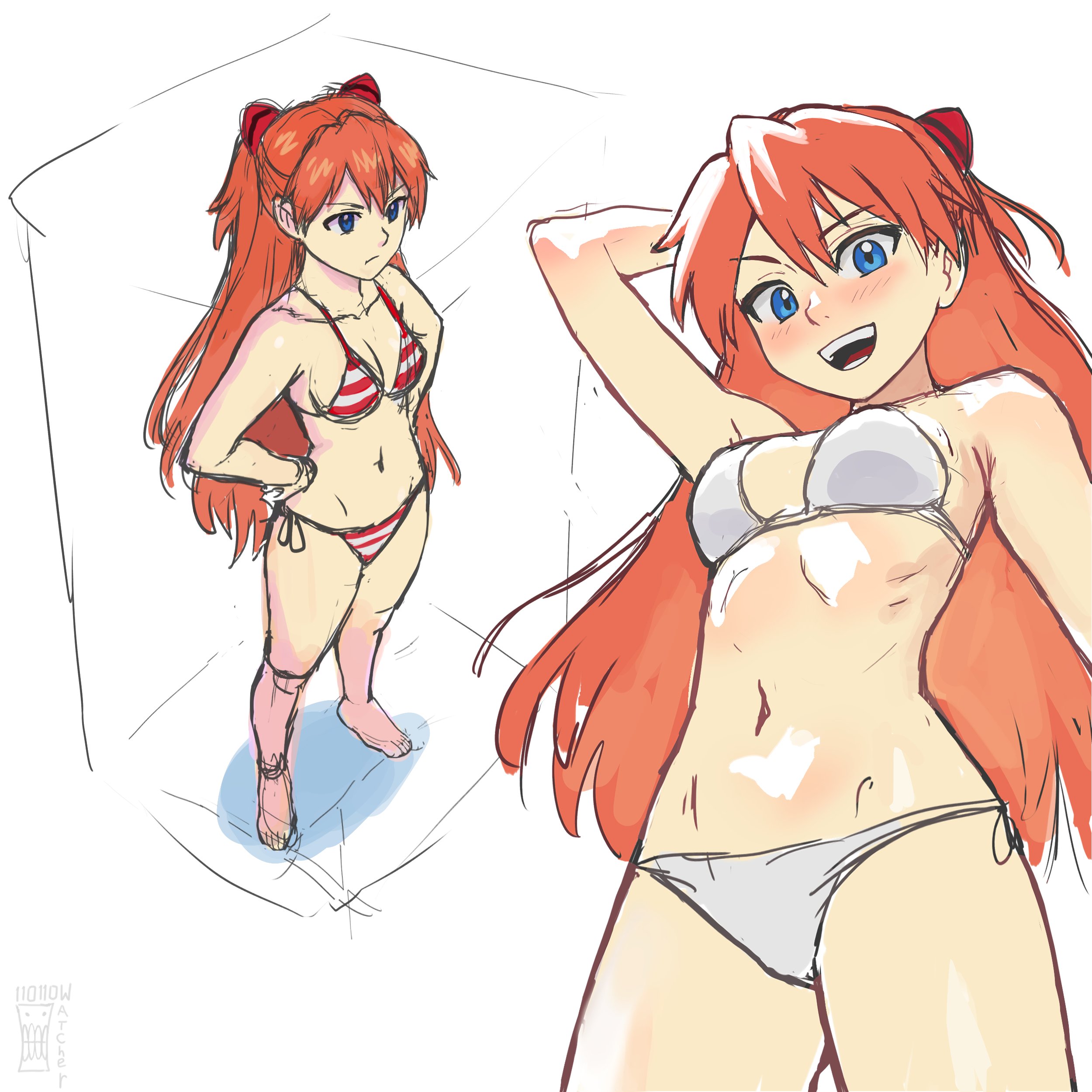 watcher hollow, souryuu asuka langley, neon genesis evangelion, absurdres, highres, 1girl, :d, arm behind head, arm up, artist logo, artist name, bare arms, bare legs, bare shoulders, barefoot, bikini, blue eyes, blush, breasts, frown, hair between eyes, hands on own hips, interface headset (evangelion), logo, long hair, looking at viewer, medium breasts, multiple views, navel, open mouth, red hair, side-tie bikini bottom, sketch, smile, standing, stomach, striped bikini, striped clothes, swimsuit, white bikini
