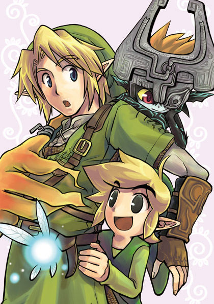 link, midna, navi, toon link, nintendo, the legend of zelda, the legend of zelda: twilight princess, 1girl, 2boys, black eyes, blonde hair, blue eyes, crossover, fairy, gloves, multiple boys, pointy ears, red eyes, smile, time paradox