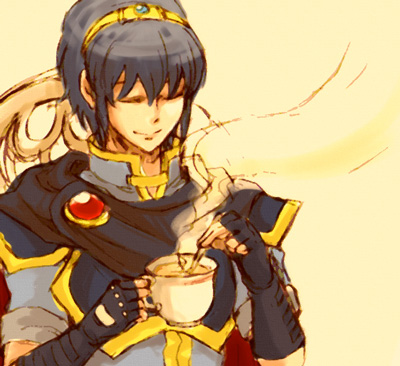 marth (fire emblem), fire emblem, fire emblem: mystery of the emblem, fire emblem: shadow dragon, nintendo, lowres, blue hair, gloves, male focus, smile, solo, tea, tiara