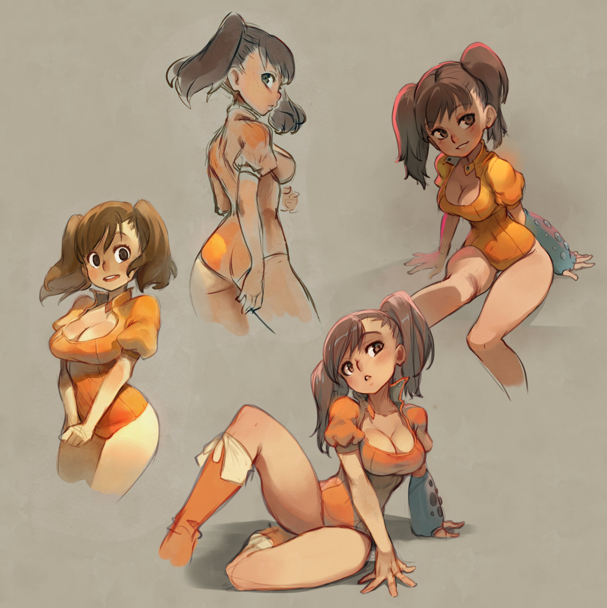 xaxaxa, diane (nanatsu no taizai), nanatsu no taizai, 1girl, boots, breasts, brown hair, cleavage, gloves, large breasts, leotard, long hair, single glove, sitting, twintails
