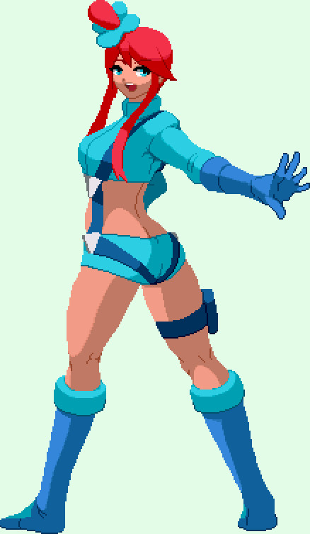 countgate, skyla (pokemon), nintendo, pokemon, pokemon bw, 1girl, blue eyes, boots, breasts, crop top, gloves, long hair, long sleeves, pixel art, red hair, shorts
