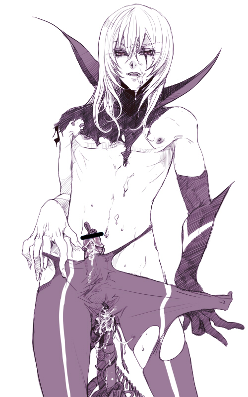 zuwai kani, dio, casshern (series), casshern sins, clothes, bad id, bad pixiv id, 00s, 1boy, cable, cum, male focus, monochrome, object insertion, pectorals, penis, scar, scar across eye, scar on face, solo, torn clothes, wire