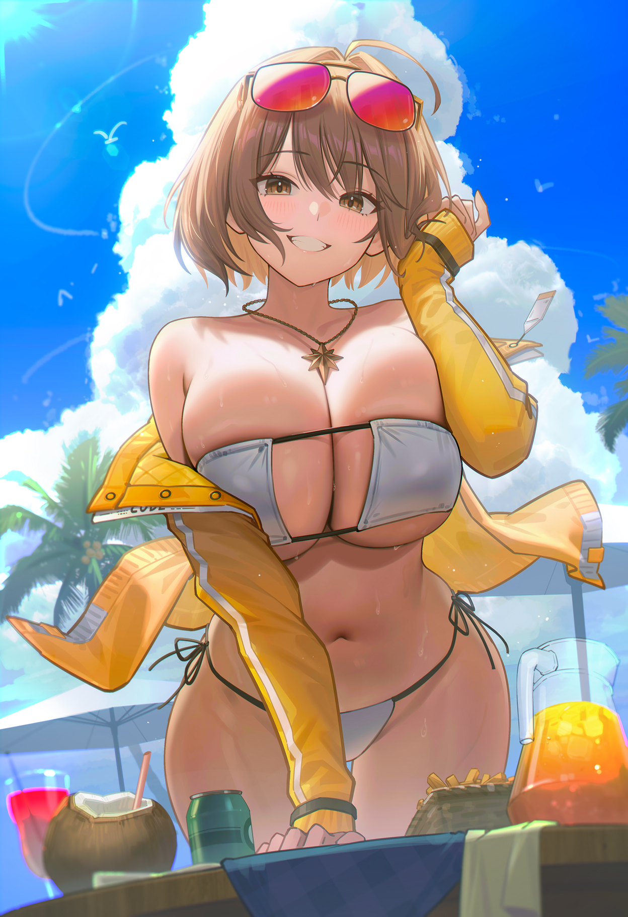 95 (jiuwujiang), anis (nikke), anis (sparkling summer) (nikke), goddess of victory: nikke, commentary, highres, 1girl, ahoge, aviator sunglasses, bare shoulders, bikini, blue sky, breasts, brown eyes, can, cloud, cloudy sky, coconut cup, coconut tree, cup, day, drink can, drinking glass, drinking straw, eyepatch bikini, eyewear on head, food, french fries, hair intakes, huge breasts, jacket, jewelry, long sleeves, looking at viewer, navel, necklace, off shoulder, official alternate costume, palm tree, short hair, side-tie bikini bottom, skindentation, sky, smile, solo, stomach, sunglasses, swimsuit, tree, wet, white bikini, yellow jacket