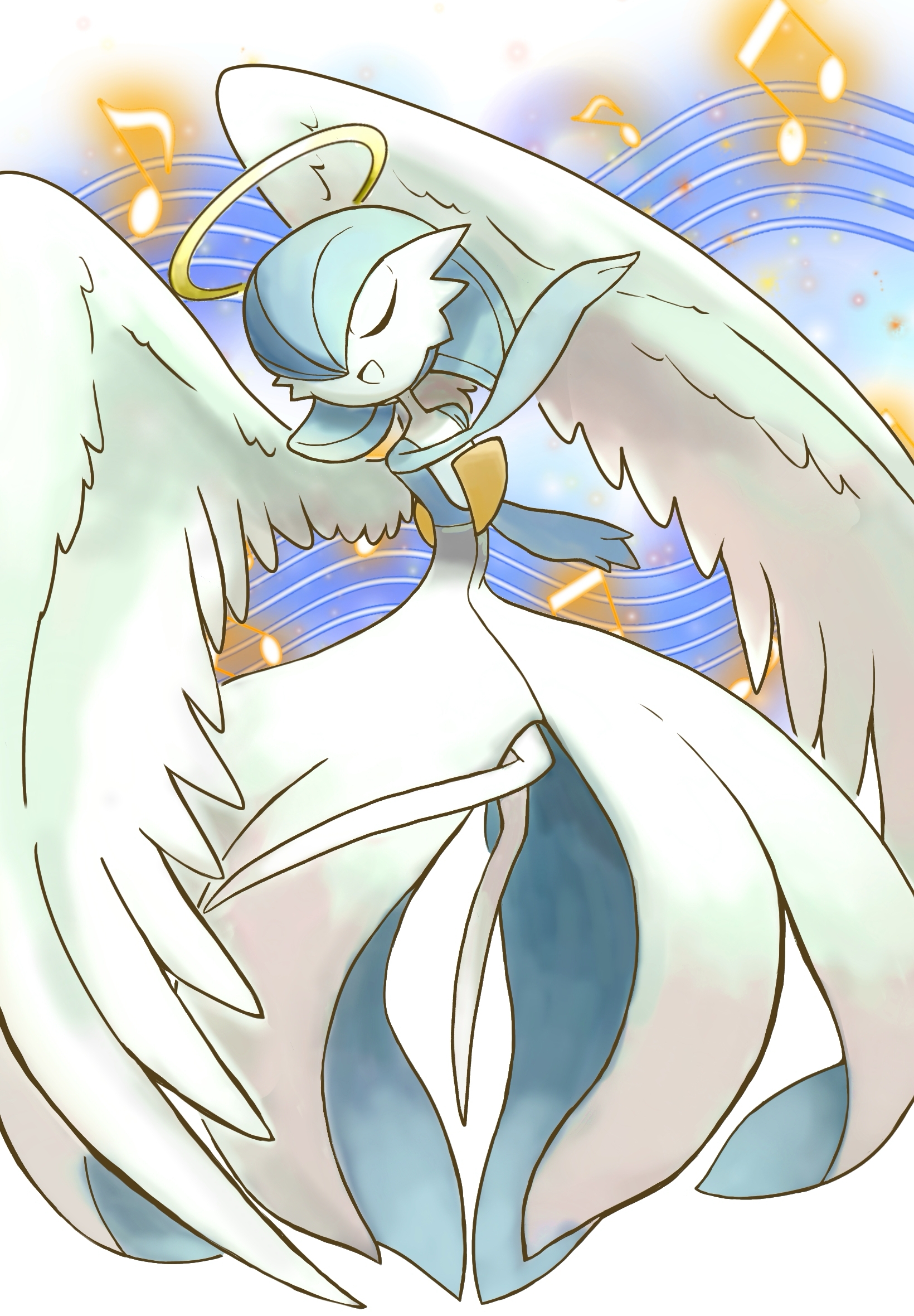 monya, gardevoir, nintendo, pokemon, 1girl, alternate color, angel, arm up, blue background, bob cut, closed eyes, colored skin, feathered wings, female focus, flat chest, full body, gen 3 pokemon, hair over one eye, halo, happy, leg up, multicolored skin, music, musical note, musical staff, no feet, one eye covered, open mouth, pokemon (creature), shiny pokemon, short hair, singing, smile, solo, traditional halo, two-tone skin, u u, white skin, white wings, wings, yellow halo