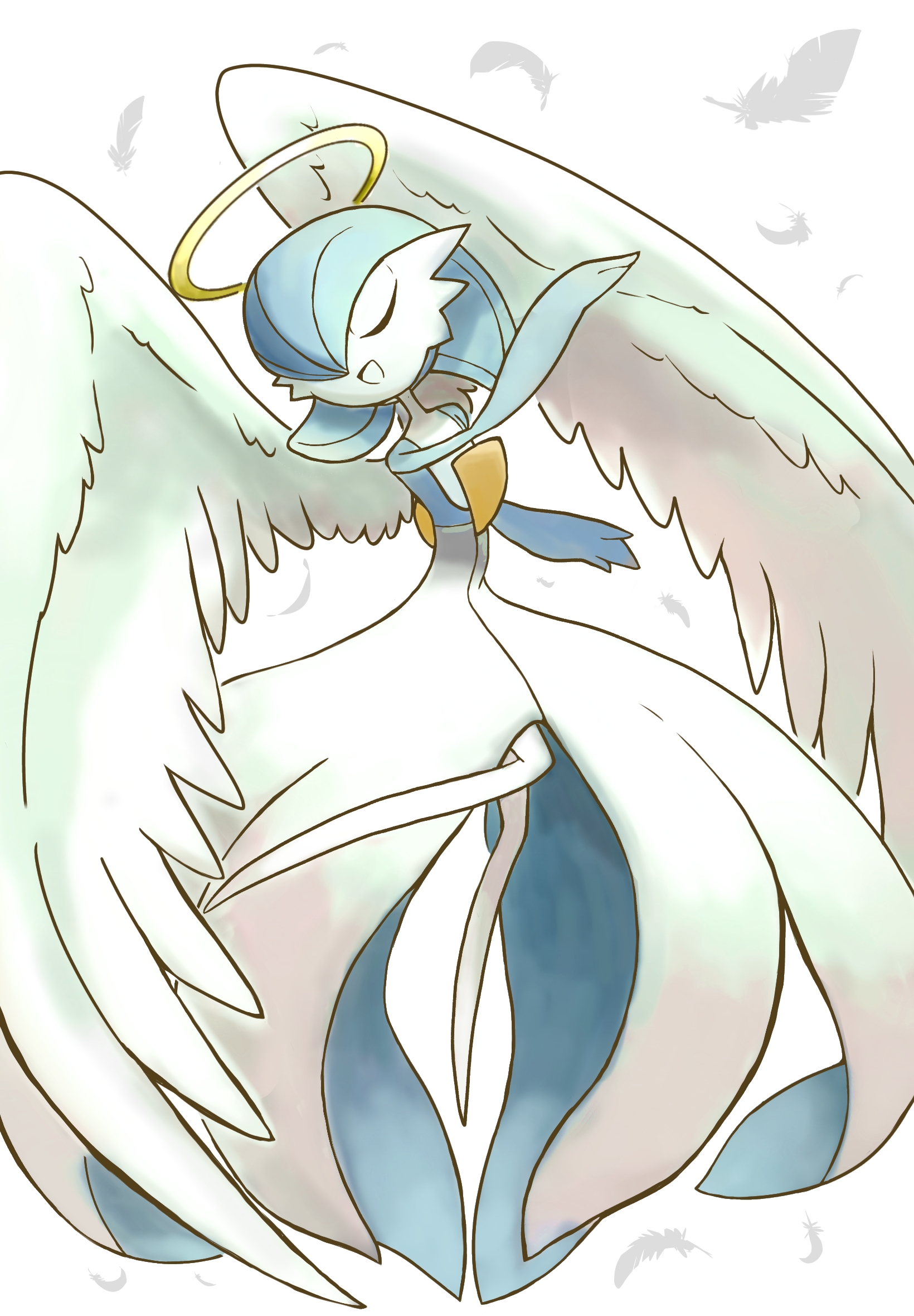monya, gardevoir, nintendo, pokemon, 1girl, alternate color, angel, arm up, bob cut, closed eyes, colored skin, feathered wings, feathers, female focus, flat chest, full body, gen 3 pokemon, hair over one eye, halo, happy, leg up, multicolored skin, no feet, one eye covered, open mouth, pokemon (creature), shiny pokemon, short hair, smile, solo, traditional halo, two-tone skin, u u, white background, white skin, white wings, wings, yellow halo
