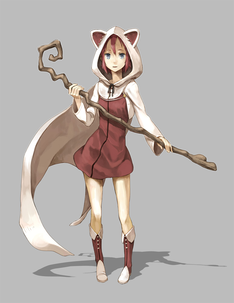 houru, devout, seer, final fantasy, final fantasy iii, 1990s (style), 1girl, animal hood, blue eyes, boots, cape, cat hood, female focus, grey background, hood, knee boots, pigeon-toed, red hair, retro artstyle, short hair, simple background, solo, staff