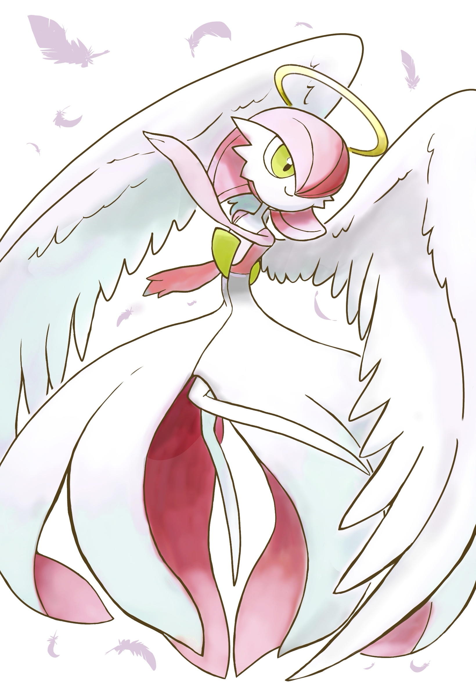 monya, gardevoir, nintendo, pokemon, 1girl, alternate color, alternate shiny pokemon, angel, arm up, bob cut, closed mouth, colored skin, feathered wings, feathers, female focus, flat chest, gen 3 pokemon, green eyes, hair over one eye, halo, happy, leg up, looking to the side, multicolored skin, no feet, one eye covered, pokemon (creature), red hair, red skin, short hair, smile, solo, traditional halo, two-tone skin, white background, white skin, white wings, wings, yellow halo