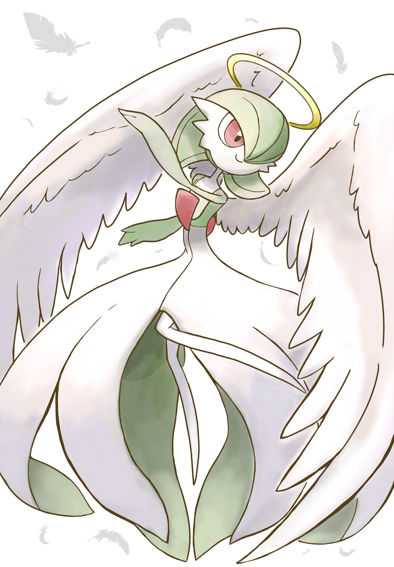 monya, gardevoir, nintendo, pokemon, 1girl, angel, arm up, bob cut, closed mouth, colored skin, feathered wings, feathers, female focus, flat chest, gen 3 pokemon, green hair, green skin, hair over one eye, halo, happy, leg up, looking to the side, multicolored skin, no feet, one eye covered, pokemon (creature), red eyes, short hair, smile, solo, traditional halo, two-tone skin, white background, white skin, white wings, wings, yellow halo