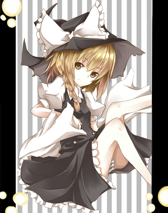 sasaki kouhei, kirisame marisa, touhou, bad id, bad pixiv id, 1girl, blonde hair, braid, dress, female focus, hat, long hair, panties, sitting, solo, striped clothes, striped panties, underwear, yellow eyes